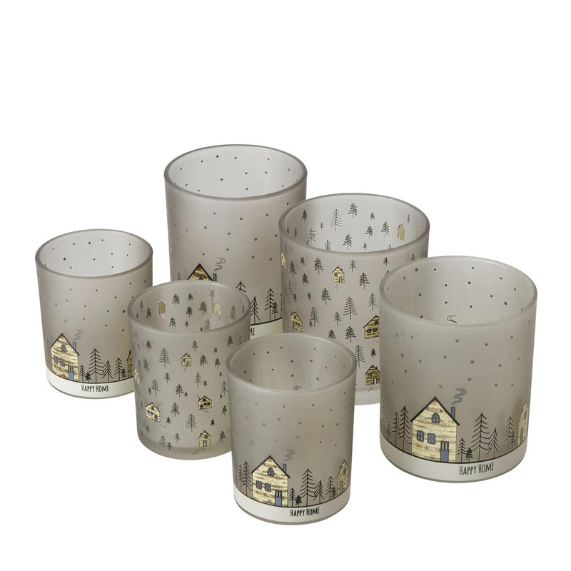 Load image into Gallery viewer, Boltze home theelichthouder glas homewood set a 2 stuks met afbeelding van huisjes- h8,5cm dia 7cm en h10cm dia 9cm
