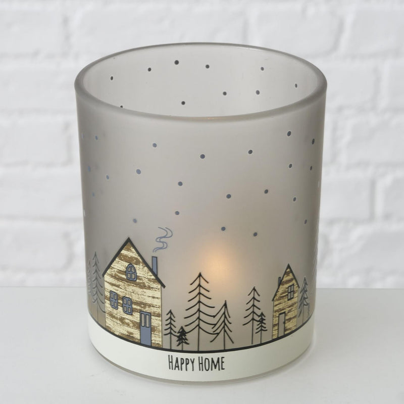 Load image into Gallery viewer, Boltze home theelichthouder glas homewood set a 2 stuks met afbeelding van huisjes- h8,5cm dia 7cm en h10cm dia 9cm