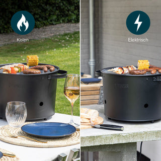 Load image into Gallery viewer, Princess 112240 hybrid bucket barbecue | elektrisch | houtskool (zwart, ø 32 cm | incl. luxe bamboe serveer- en snijplank)