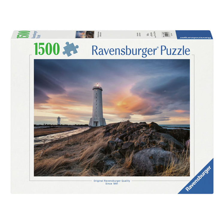 Load image into Gallery viewer, Ravensburger legpuzzel prachtige lucht boven de vuurtoren van akranes ijsland, 1500st.