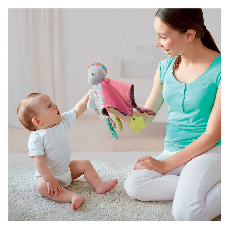 Load image into Gallery viewer, Clementoni knuffeldoekje eenhoorn soft cuddles - knuffeldoek met voeldetails - zacht kraamcadeau jongen of meisje - baby comforter vanaf 0 maanden