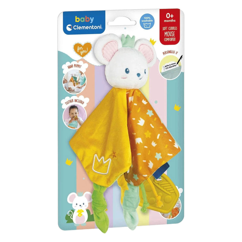 Load image into Gallery viewer, Clementoni knuffeldoekje muis soft cuddles - knuffeldoek met strikjes - wasbaar kraamcadeau jongen of meisje - baby comforter vanaf 0 maanden