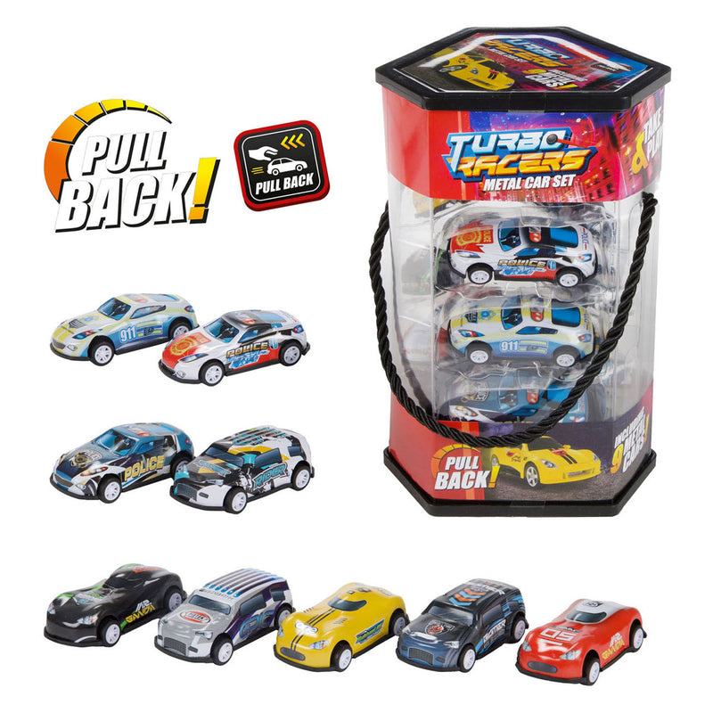 Load image into Gallery viewer, Toi-toys turbo racers metalen pull back auto's - 9st.