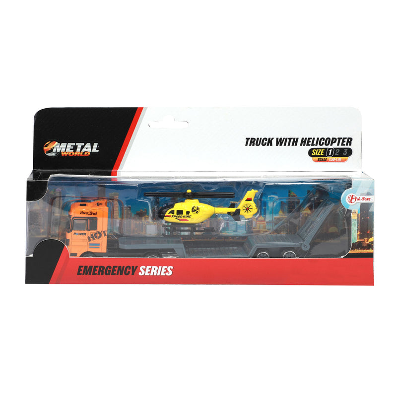 Load image into Gallery viewer, Toi-toys metal vrachtwagen met oplegger en helikopter