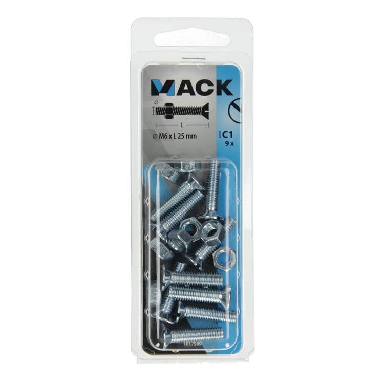 Load image into Gallery viewer, Mack 1017509 - metaalschroef verz. kop + moer verz. 9 st m6 x 25 mm | 10 stuks
