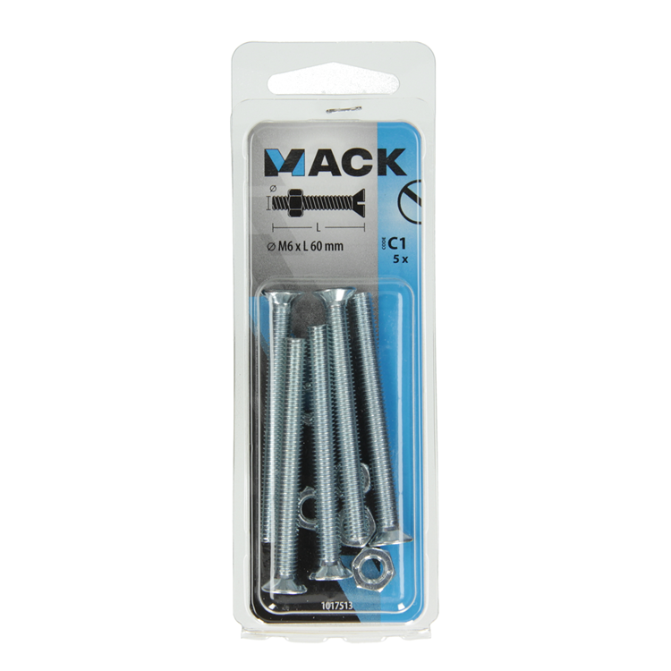 Afbeelding laden in galerijviewer, Mack 1017513 - metaalschroef verz. kop + moer verz. 5 st m6 x 60 mm | 10 stuks