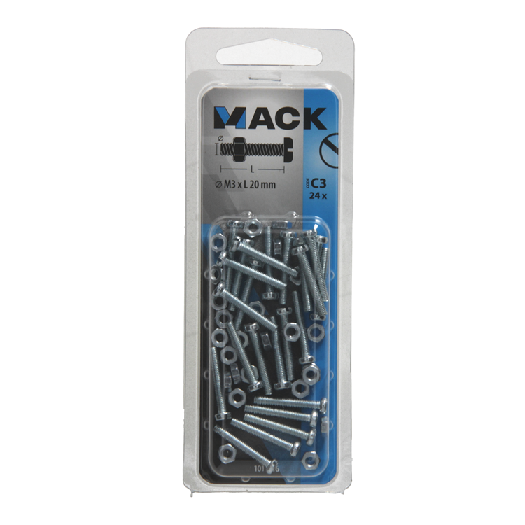 Afbeelding laden in galerijviewer, Mack 1017516 - metaalschroef cyl. kop + moer verz. 24 st m3 x 20 mm | 10 stuks