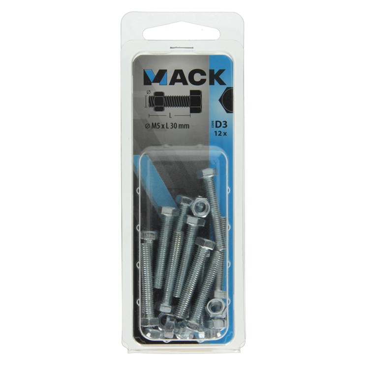 Afbeelding laden in galerijviewer, Mack 1017601 - tapbout + moer staal verzinkt 12 st m5 x 30 mm | 10 stuks