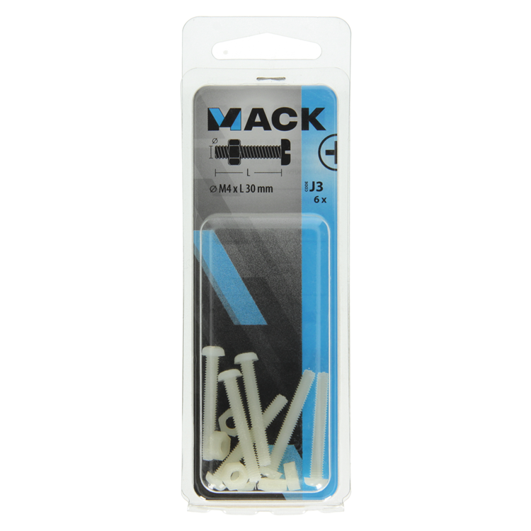 Load image into Gallery viewer, Mack 1017641 - metaalschroef cyl. kop + moer nylon 6 st m4 x 30 mm | 10 stuks