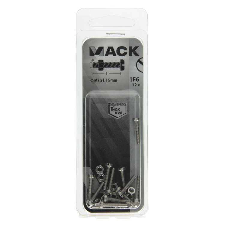 Load image into Gallery viewer, Mack 1019818 - metaalschroef cyl. kop + moer rvs 12 st m3x16 | 10 stuks