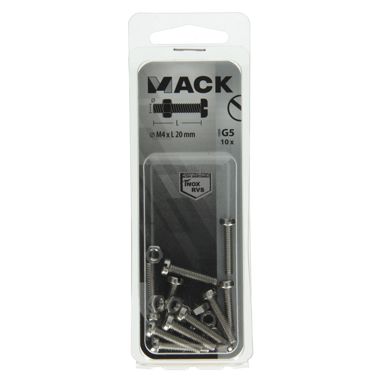 Load image into Gallery viewer, Mack 1019820 - metaalschroef cyl. kop + moer rvs 10 st m4x20 | 10 stuks