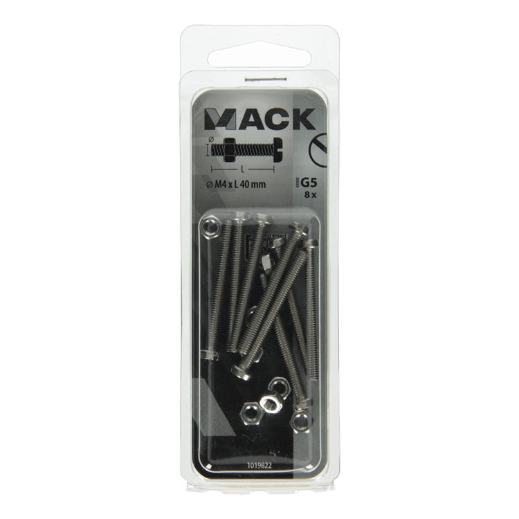 Load image into Gallery viewer, Mack 1019822 - metaalschroef cyl. kop + moer rvs 8 st m4x40 | 10 stuks