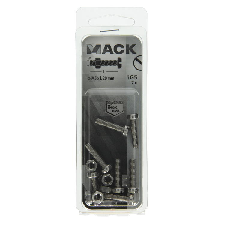 Load image into Gallery viewer, Mack 1019825 - metaalschroef cyl. kop + moer rvs 7 st m5x20 | 10 stuks