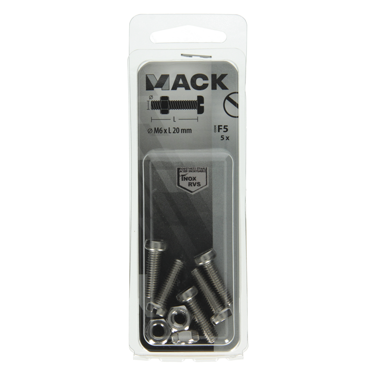 Load image into Gallery viewer, Mack 1019829 - metaalschroef cyl. kop + moer rvs 5 st m6x20 | 10 stuks