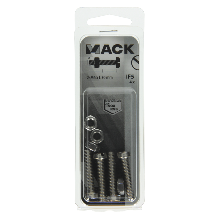 Load image into Gallery viewer, Mack 1019830 - metaalschroef cyl. kop + moer rvs 4 st m6x30 | 10 stuks