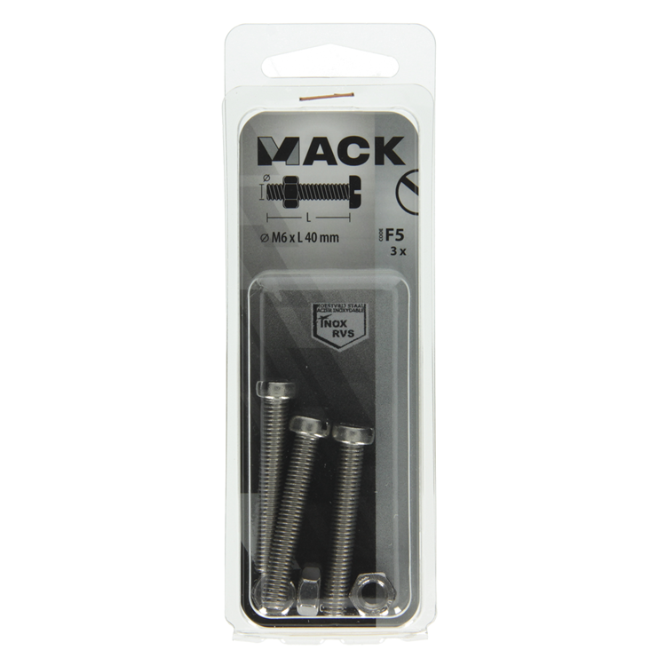 Load image into Gallery viewer, Mack 1019831 - metaalschroef cyl. kop + moer rvs 3 st m6x40 | 10 stuks