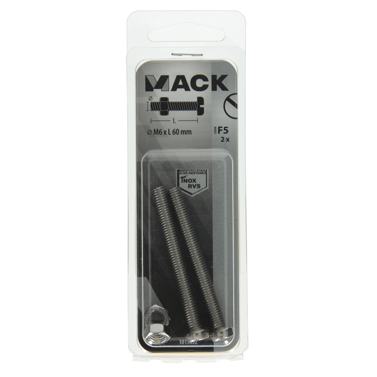 Load image into Gallery viewer, Mack 1019832 - metaalschroef cyl. kop + moer rvs 2 st m6x60 | 10 stuks