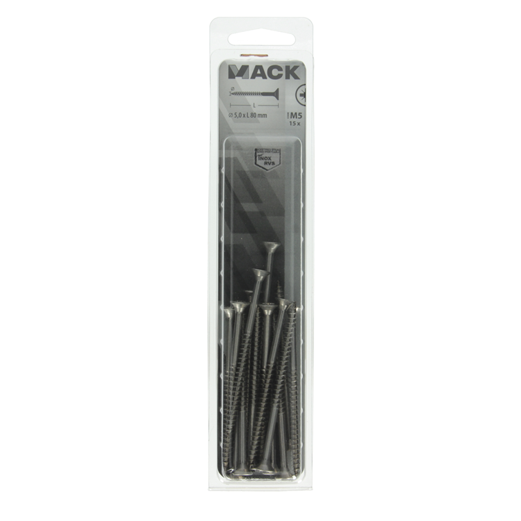 Load image into Gallery viewer, Mack 1020002 - spaanplaatschroef vz kop rvs 15 st 5,0 x 80 mm | 5 stuks