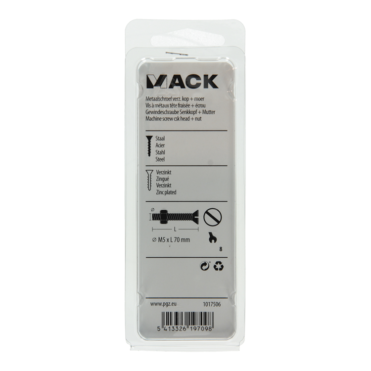 Afbeelding laden in galerijviewer, Mack 1017506 - metaalschroef verz. kop + moer verz. 6 st m5 x 70 mm | 10 stuks