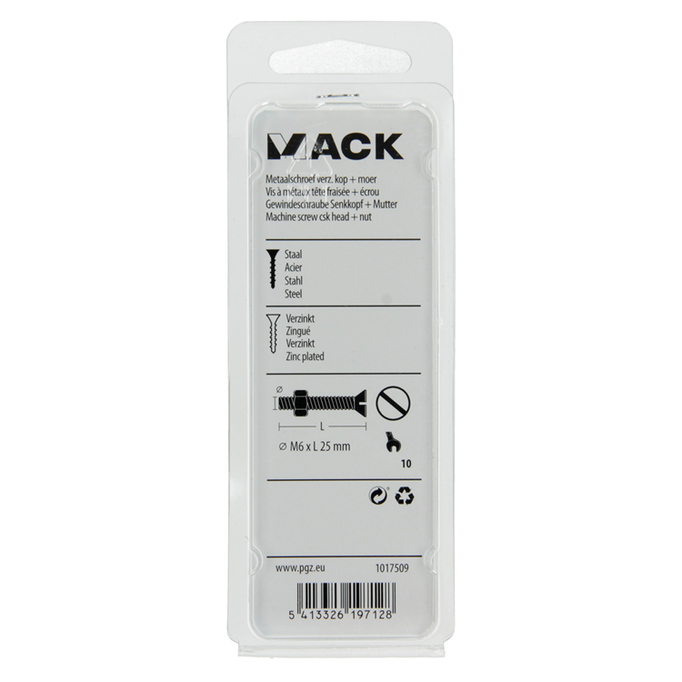 Load image into Gallery viewer, Mack 1017509 - metaalschroef verz. kop + moer verz. 9 st m6 x 25 mm | 10 stuks