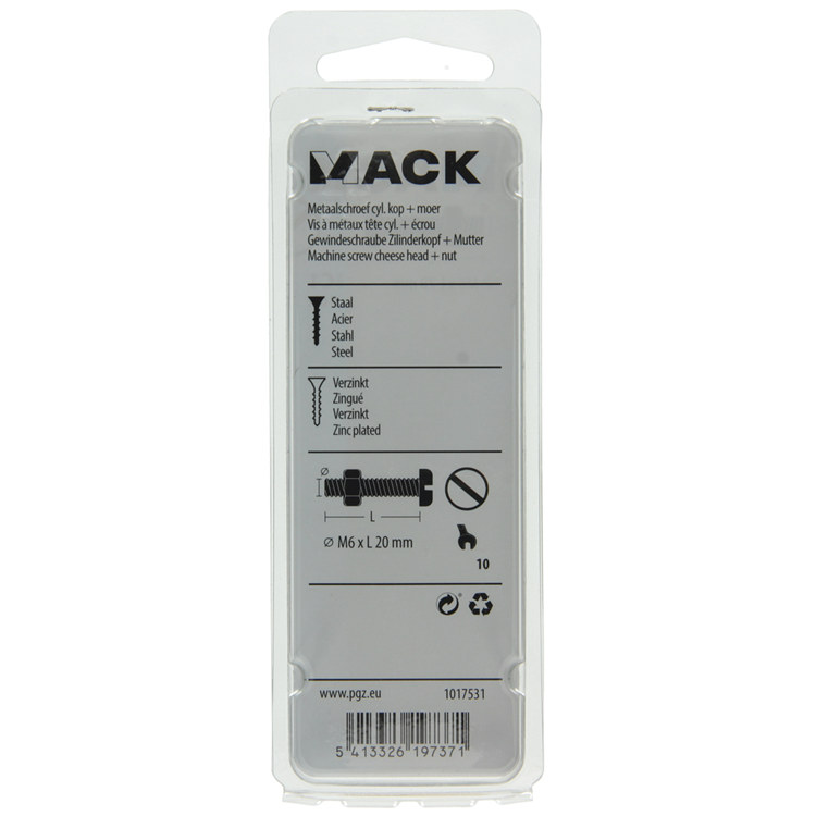 Afbeelding laden in galerijviewer, Mack 1017531 - metaalschroef cyl. kop + moer verz. 10 st m6 x 20 mm | 10 stuks