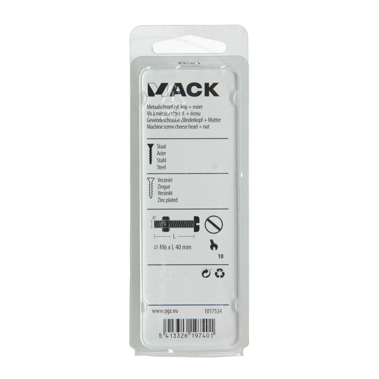 Load image into Gallery viewer, Mack 1017534 - metaalschroef cyl. kop + moer verz. 6 st m6 x 40 mm | 10 stuks