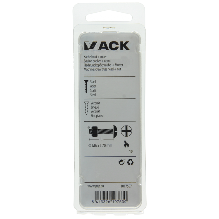Afbeelding laden in galerijviewer, Mack 1017557 - kachelbout + moer staal verzinkt 4 st m6 x 70 mm | 10 stuks