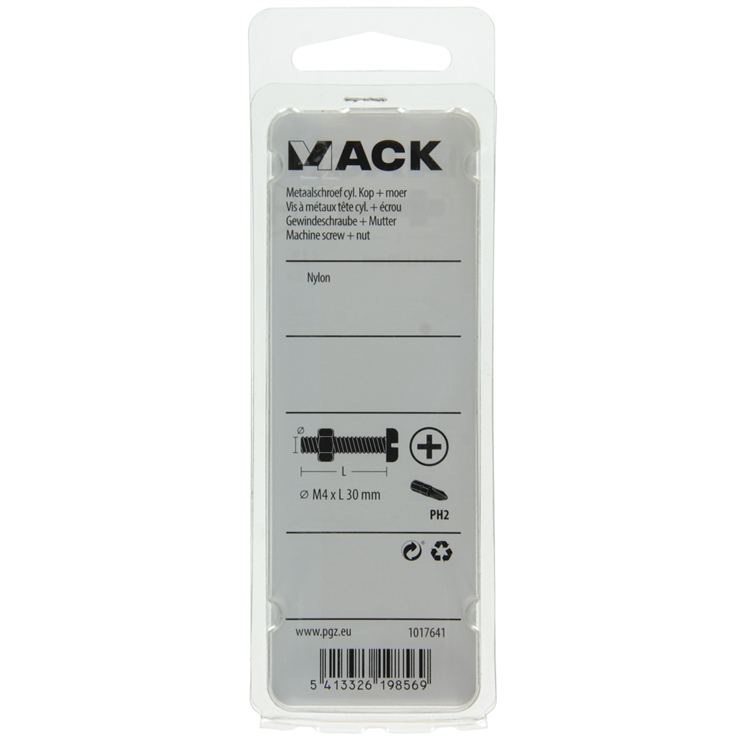 Load image into Gallery viewer, Mack 1017641 - metaalschroef cyl. kop + moer nylon 6 st m4 x 30 mm | 10 stuks