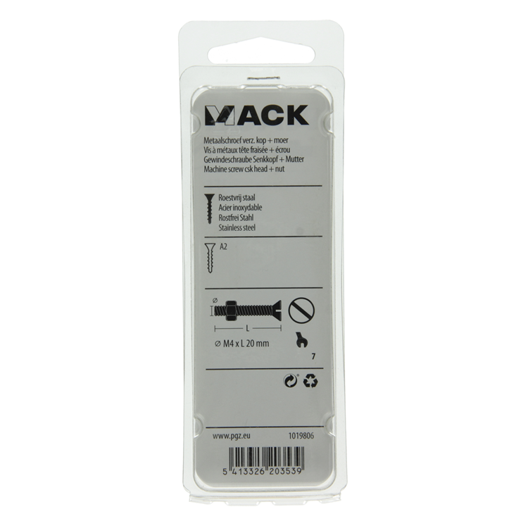 Load image into Gallery viewer, Mack 1019806 - metaalschroef verz. kop + moer rvs 12 st m4x20 | 10 stuks