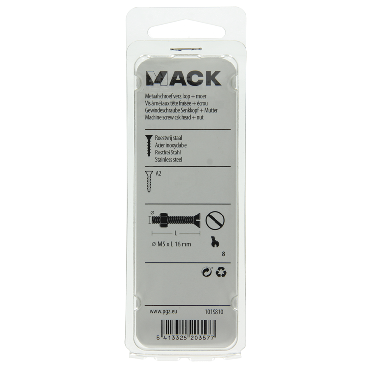 Load image into Gallery viewer, Mack 1019810 - metaalschroef verz. kop + moer rvs 8 st m5x16 | 10 stuks