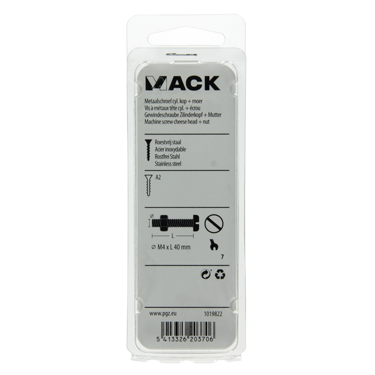 Load image into Gallery viewer, Mack 1019822 - metaalschroef cyl. kop + moer rvs 8 st m4x40 | 10 stuks