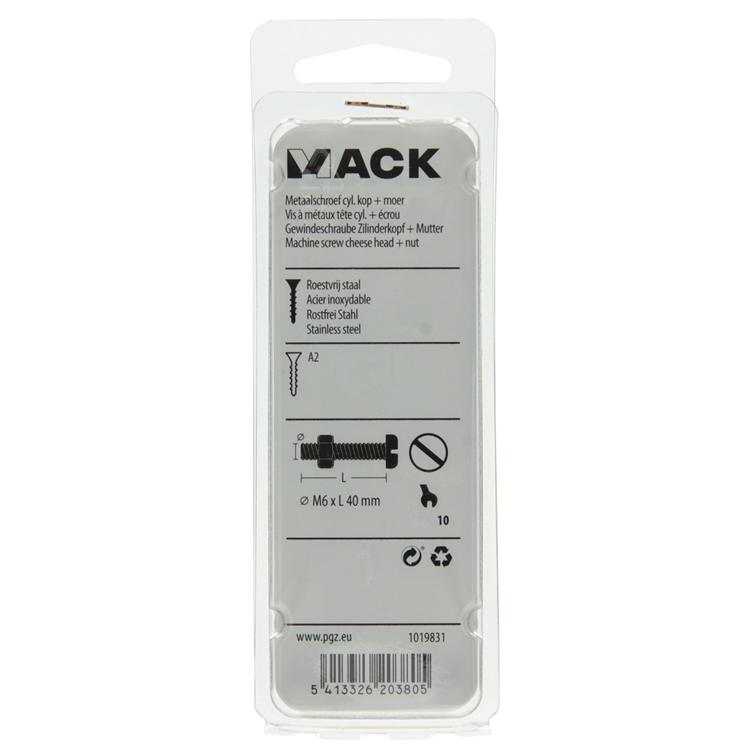 Load image into Gallery viewer, Mack 1019831 - metaalschroef cyl. kop + moer rvs 3 st m6x40 | 10 stuks