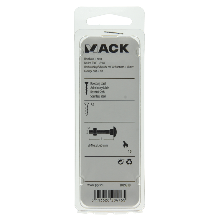 Load image into Gallery viewer, Mack 1019910 - houtbout + moer roestvrijstaal 2 st m6 x 60 mm | 10 stuks