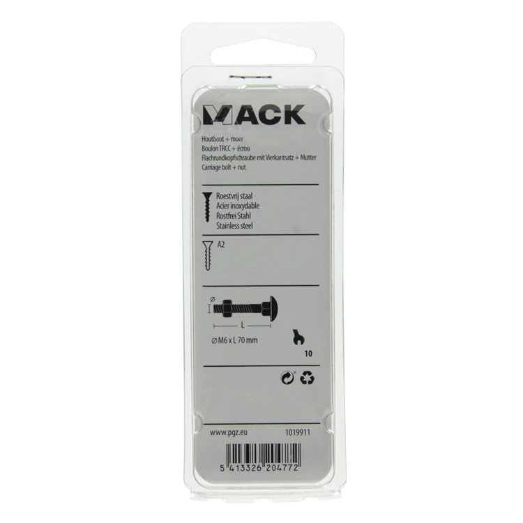Load image into Gallery viewer, Mack 1019911 - houtbout + moer roestvrijstaal 2 st m6 x 70 mm | 10 stuks