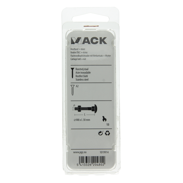 Load image into Gallery viewer, Mack 1019914 - houtbout + moer roestvrijstaal 5 st m8 x 30 mm | 5 stuks