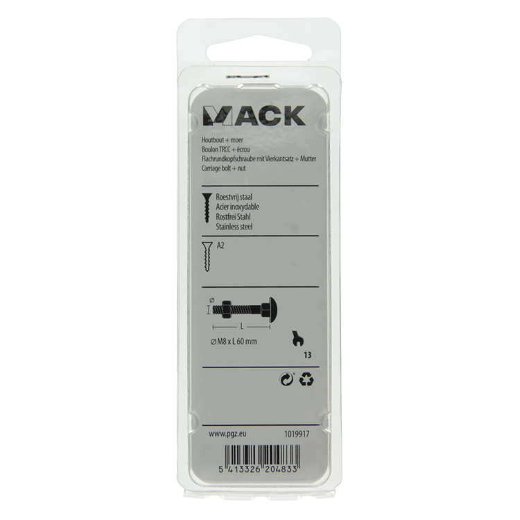 Load image into Gallery viewer, Mack 1019917 - houtbout + moer roestvrijstaal 3 st m8 x 60 mm | 5 stuks