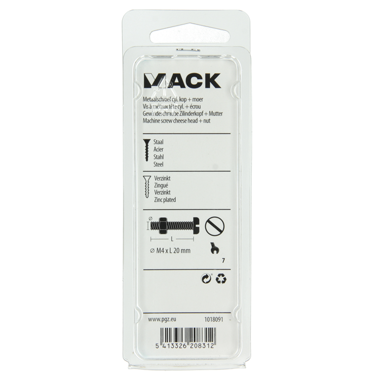 Load image into Gallery viewer, Mack 1018091 - metaalschroef cyl. kop + moer verz. 55 st m4 x 20 mm | 5 stuks