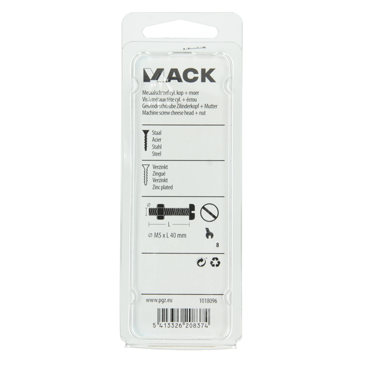 Load image into Gallery viewer, Mack 1018096 - metaalschroef cyl. kop + moer verz .25 st m5 x 40 mm | 5 stuks