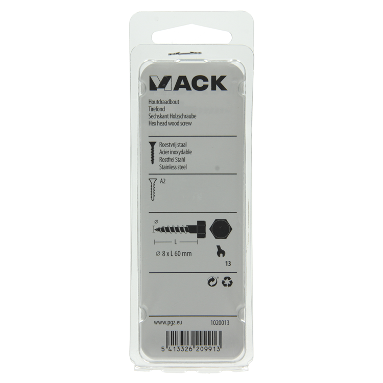 Load image into Gallery viewer, Mack 1020013 - houtdraadbout roestvrijstaal 7 st 8 x 60 mm | 5 stuks