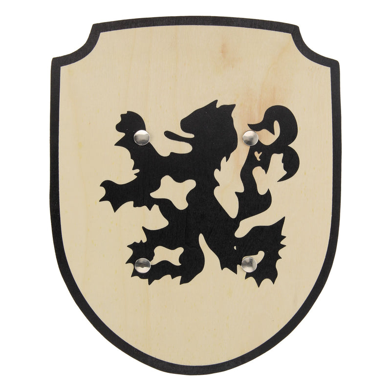 Load image into Gallery viewer, Playwood houten schild ridder leeuw met stoffen handvat speelgoed.