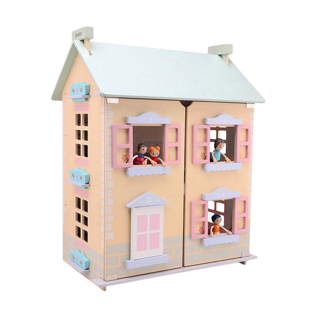 Load image into Gallery viewer, Joueco houten poppenhuis - incl. 15 meubels en 4 poppen