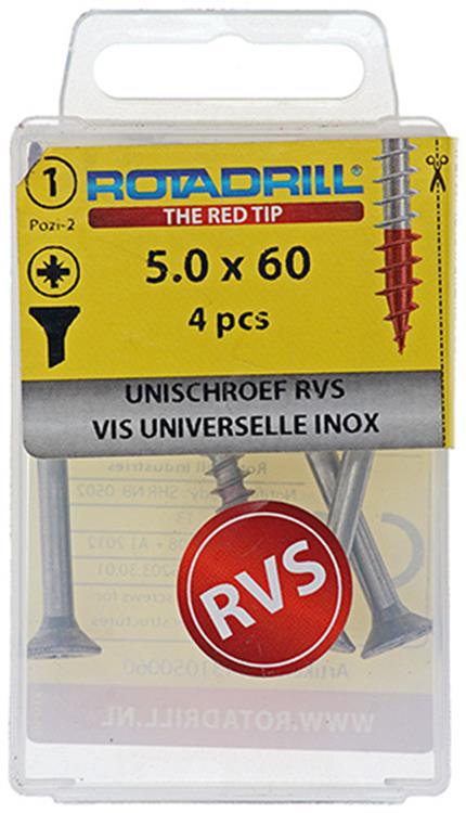 Load image into Gallery viewer, Rotadrill 1039862 - universeelschroef vk pzd rvs-a2 5.0x60mm (4) | 6 stuks
