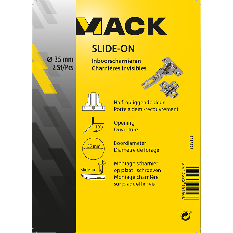 Load image into Gallery viewer, Mack 1015222 - 2 inboorscharnieren slide on 35mm 110° half opliggende deur | 10 stuks