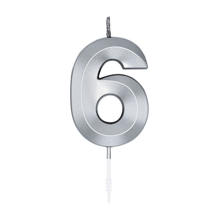 Afbeelding laden in galerijviewer, Globos taartkaars 6cm metallic zilver no.6