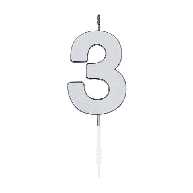 Afbeelding laden in galerijviewer, Globos taartkaars 4,5cm metallic zilver no. 3