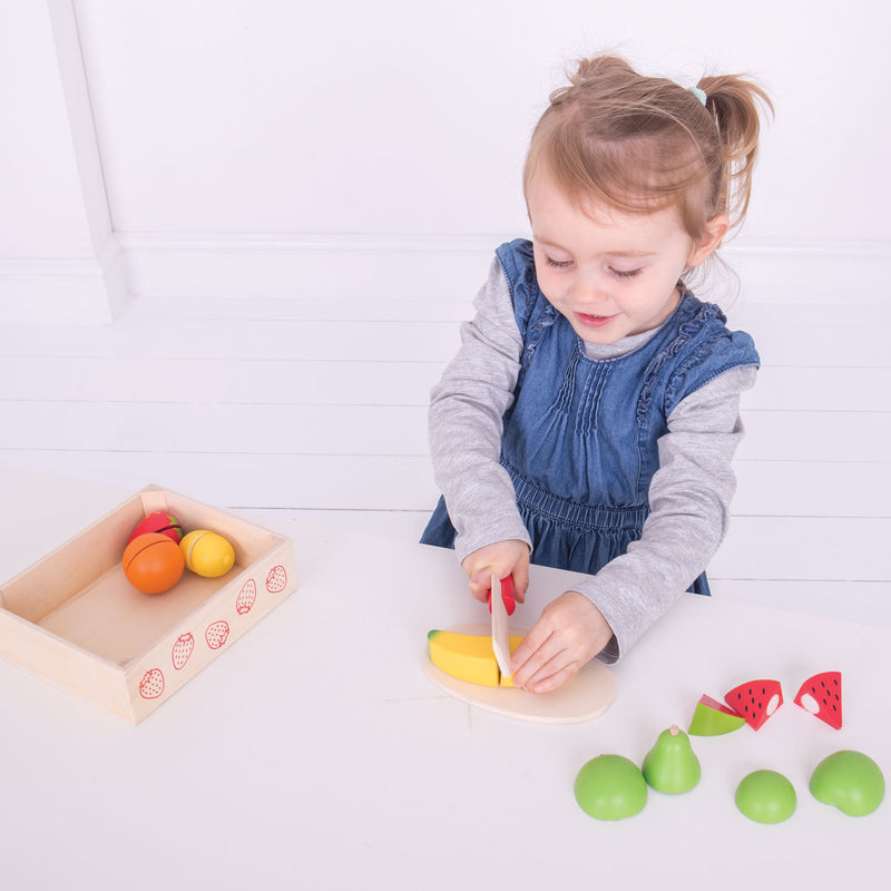 Afbeelding laden in galerijviewer, Bigjigs toys houten kistje met fruit en klittenband - mer mes en plank - bigjigs - 18-delig