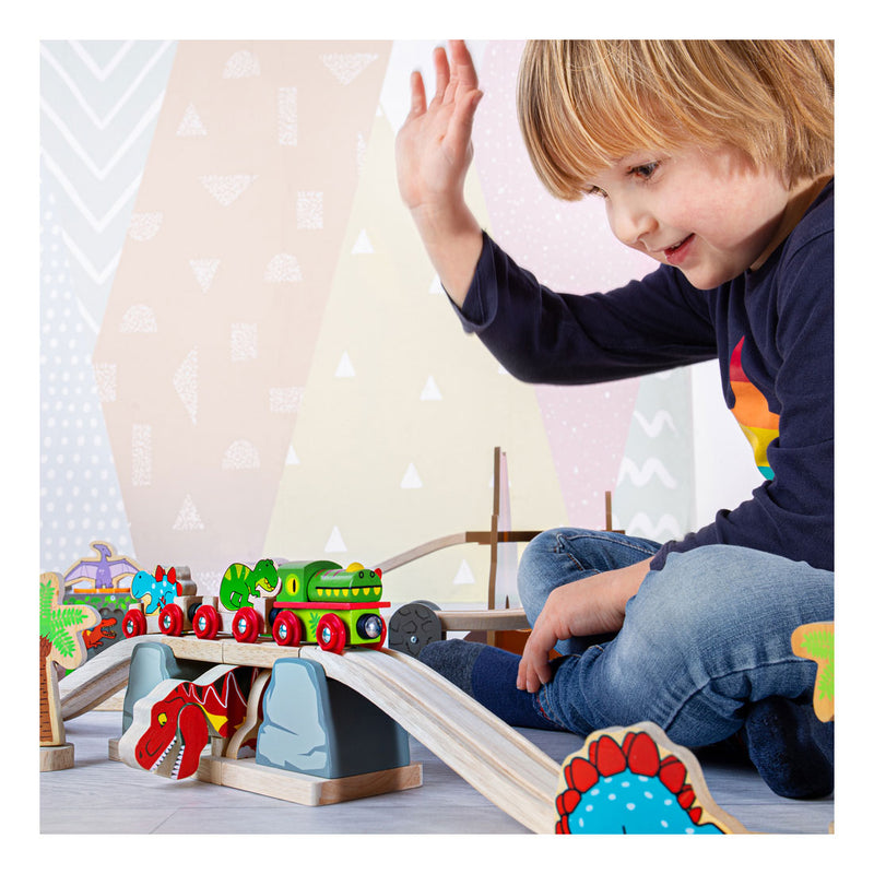 Load image into Gallery viewer, Bigjigs houten rails barstende brug t-rex dino, 7dlg.