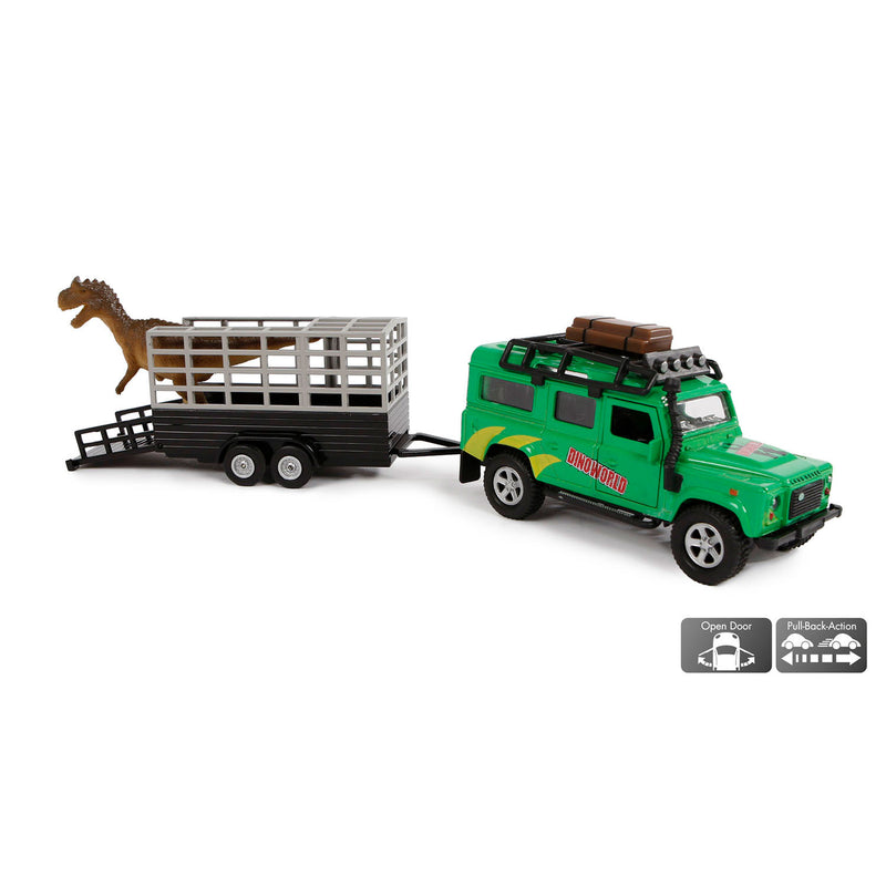 Load image into Gallery viewer, Kids globe die-cast land rover met dino-trailer, 29cm
