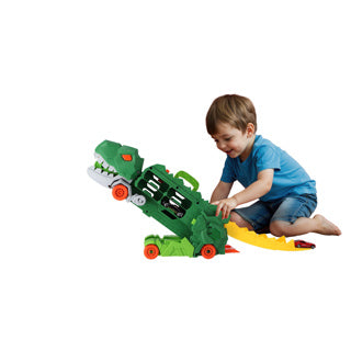 Load image into Gallery viewer, No brand kiddygo transporter dino speelgoed met 2 diecast auto's en racebaan.