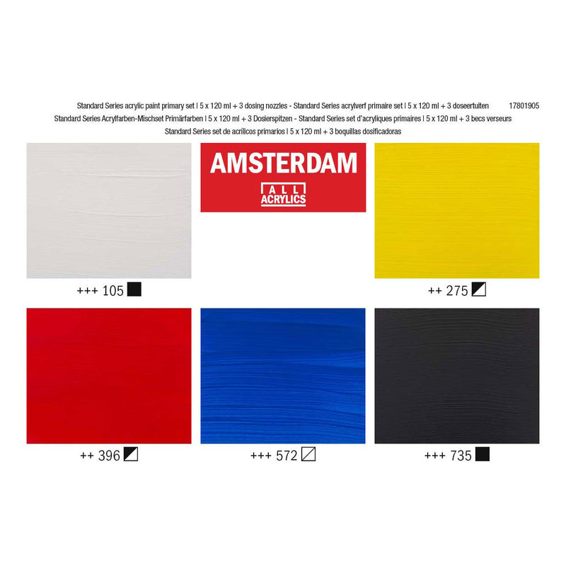 Afbeelding laden in galerijviewer, Bruynzeel amsterdam standard series acrylverf primaire set 120ml, 5dlg. + 3 doseertuiten